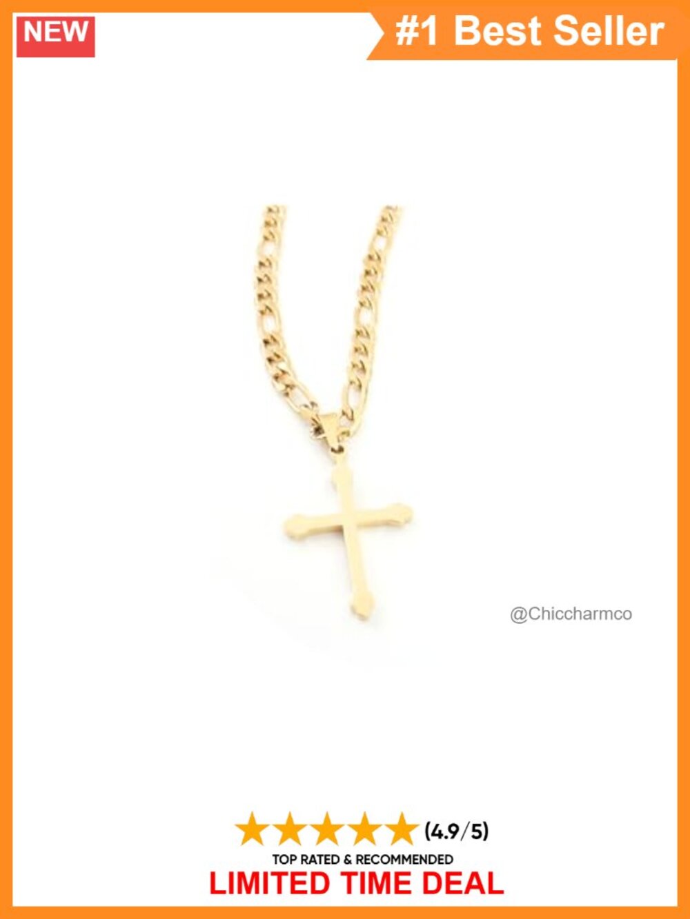 18K Gold Plated Figaro Chain Cross Pendant Necklace 5MM Italian